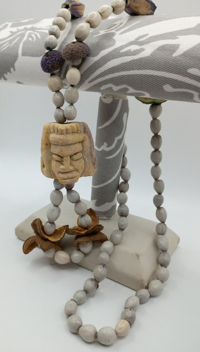 Vintage Mayan Carved Stone & Seed Pod Necklace